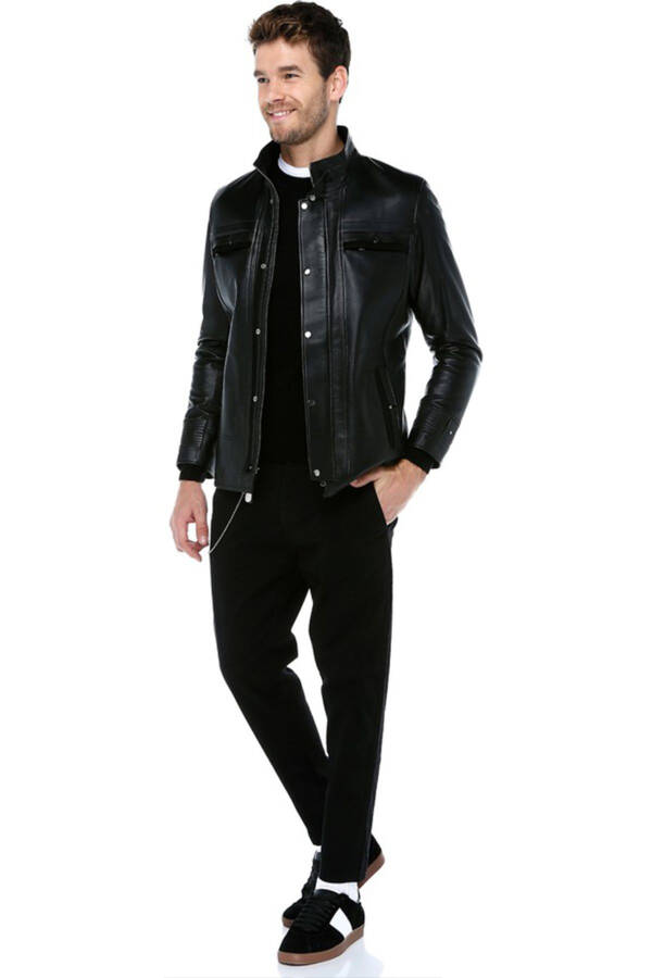 E1081 Genuine Leather Men's Jacket Black - 17