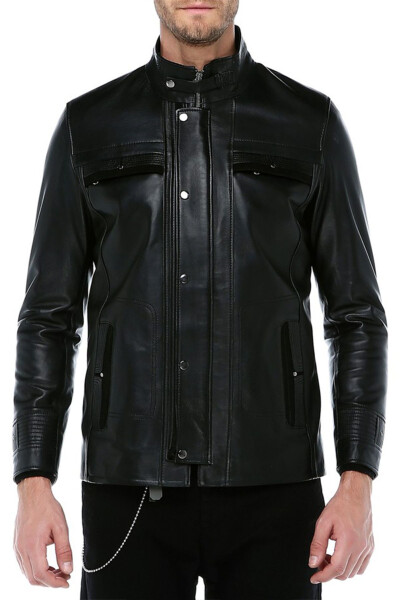 E1081 Genuine Leather Men's Jacket Black - 19