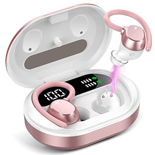 Ear buds Wireless Earbuds, HiFi Stereo Bluetooth 5.3 Running Headphones with Dual LED Display 30Hrs Playtime, Built-in Mic, Type-C, in-Ear Bluetooth Earphones with Earhooks for Sport, Rose Gold - 1