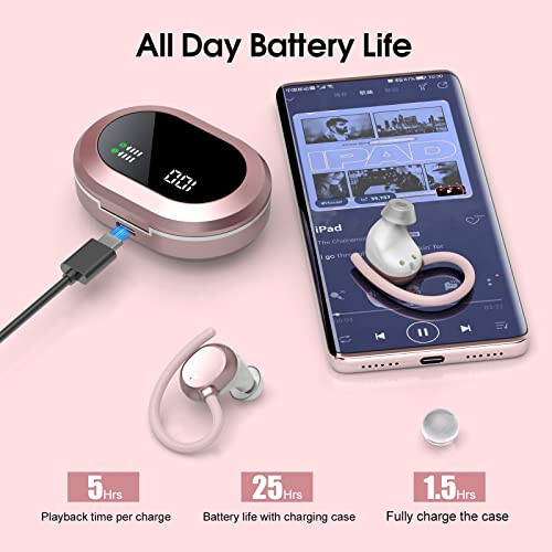 Ear buds Wireless Earbuds, HiFi Stereo Bluetooth 5.3 Running Headphones with Dual LED Display 30Hrs Playtime, Built-in Mic, Type-C, in-Ear Bluetooth Earphones with Earhooks for Sport, Rose Gold - 5