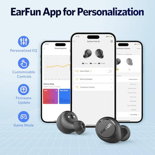 EarFun Free 2S Kablosuz Kulaklıklar, [Geliştirilmiş Sürüm] Derin Baslı Bluetooth Kulaklıklar, Net Çağrı için 4 Mikrofon, Özelleştirilebilir EQ Uygulaması, IPX7 Su Geçirmez Kulak İçi Kulaklıklar, 30 Saat Oynatma Süresi, Kablosuz Şarj - 5