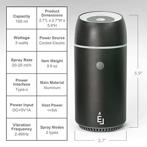 Earnest Living Essential Oil Diffusers Car Air Fresheners Humidifier for Essential Oils Car Aromatherapy Diffuser 100ml Car Diffuser Timers Auto Off Function USB Portable Metal Aluminum Black - 6