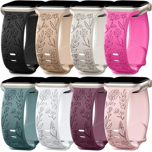 Easuny 8 Pack Bands for Women Compatible with Apple Watch 40mm 41mm 38mm 42mm 44mm 45mm 49mm iWatch Series 9 8 7 6 5 4 3 Ultra 2/1 SE SE 2nd, Soft Silicone Floral Engraved Dressy Wrist Straps - 1