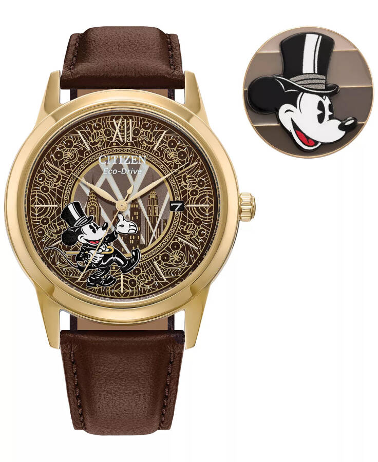 Eco-Drive Erkaklar uchun Mickey Mouse Fanfare Jigarrang Teri Qayish Soati 40mm Sovg'a To'plami Rangsiz - 10