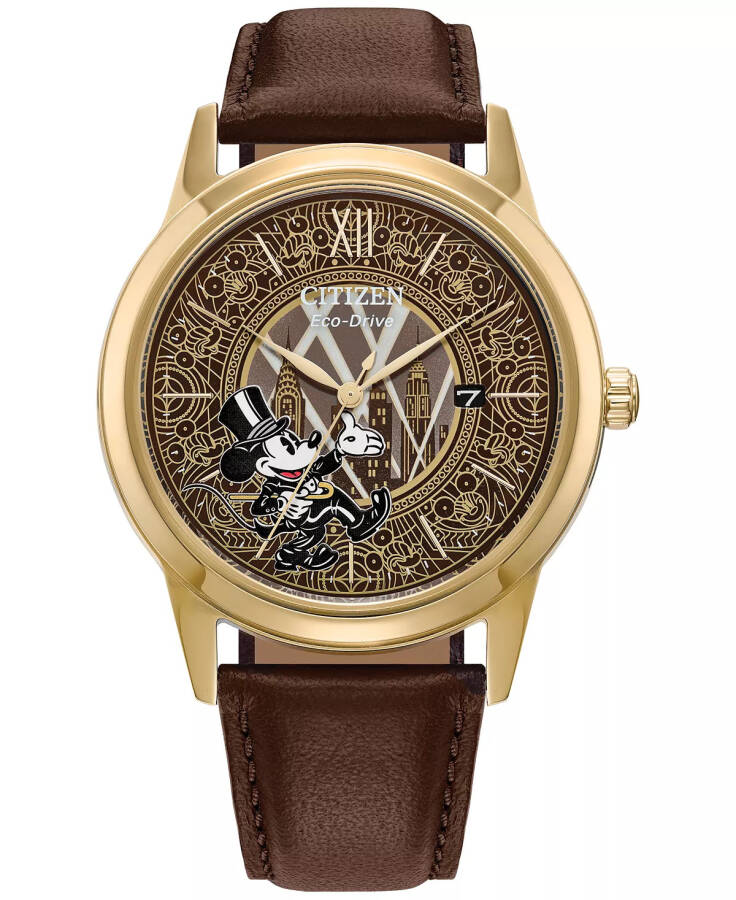 Eco-Drive Erkek Mickey Mouse Fanfare Kahverengi Deri Kayış Saat 40mm Hediye Seti Renksiz - 1