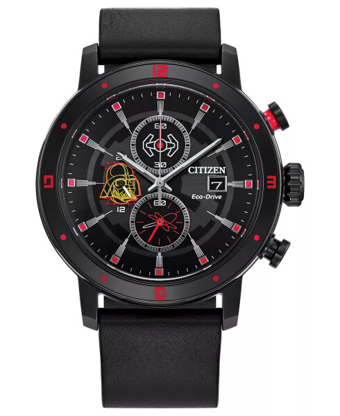 Eco-Drive Erkekler Kronograf Star Wars Darth Vader Siyah Deri Kayış Saat 44mm Siyah - 1