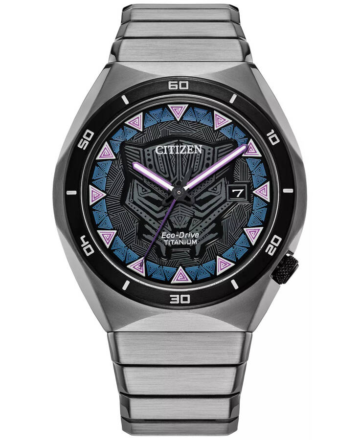 Eco-Drive Erkekler Marvel Black Panther Süper Titanyum Bileklik Saat 41mm Gümüş Ton - 1