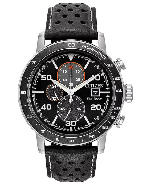 Eco-Drive Men's Chronograph Black Leather Strap Watch 44mm Black - 1