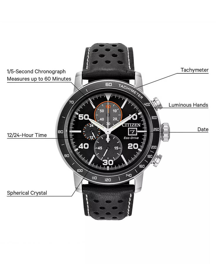 Eco-Drive Men's Chronograph Black Leather Strap Watch 44mm Black - 6