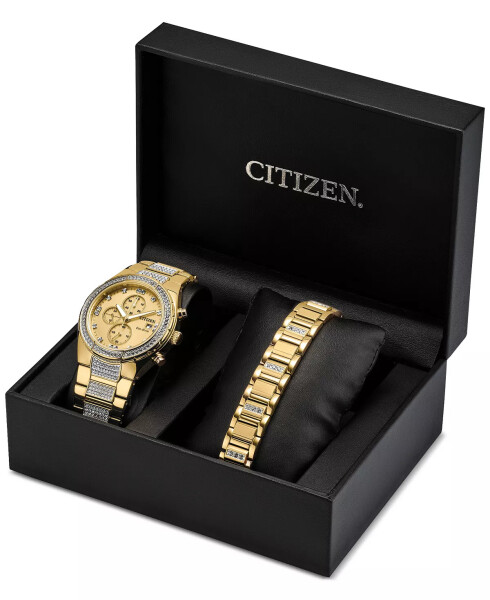 Eco-Drive Men's Chronograph Crystal Gold-Tone Stainless Steel Bracelet Watch 42mm Gift Set No Color - 2