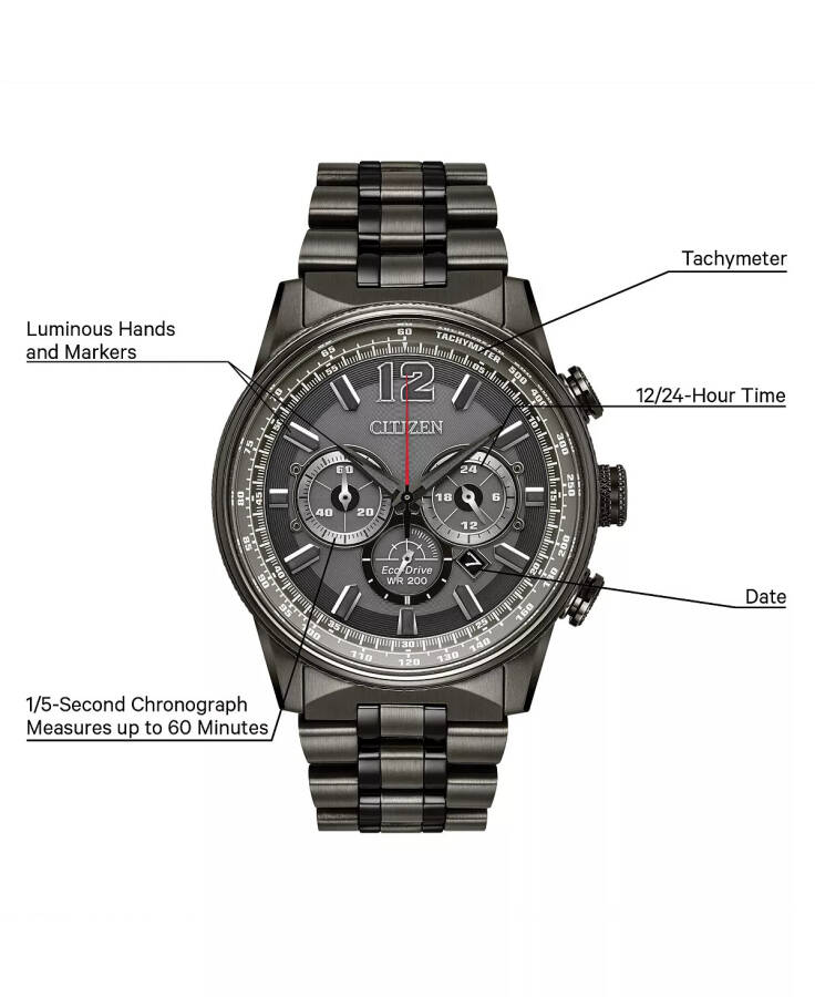 Eco-Drive Men's Chronograph Nighthawk Gray Stainless Steel Bracelet Watch 43mm Grey - 9