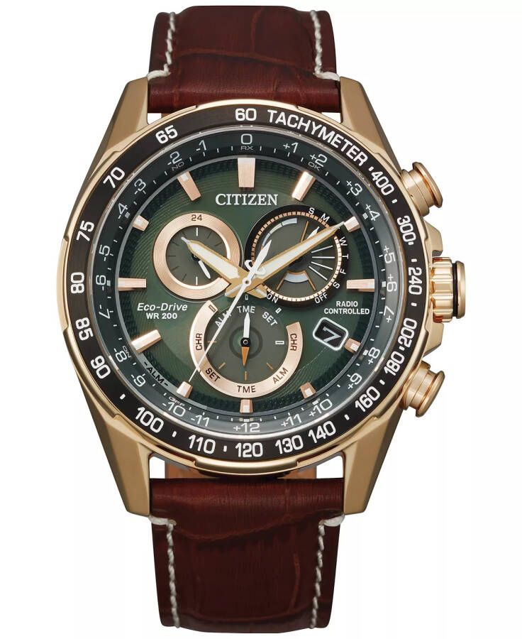 Eco-Drive Men's Chronograph PCAT Brown Leather Strap Watch 43mm Gold - 1