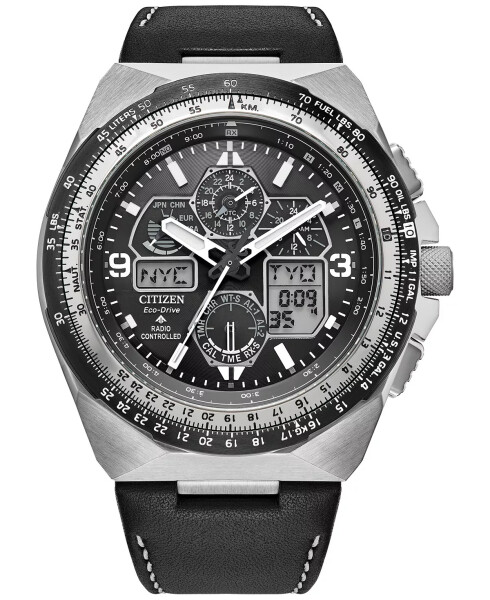 Eco-Drive Men's Chronograph Promaster Skyhawk Black Leather Strap Watch 46mm Black - 1