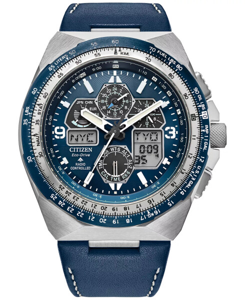 Eco-Drive Men's Chronograph Promaster Skyhawk Blue Leather Strap Watch 46mm Blue - 3