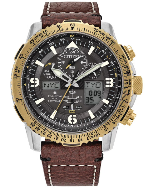 Eco-Drive Men's Chronograph Promaster Skyhawk Brown Leather Strap Watch 45mm Brown - 1