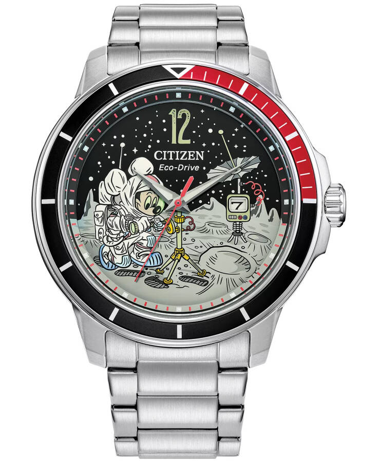 Eco-Drive Men's Mickey Mouse Astronaut Stainless Steel Bracelet Watch 42mm Silver-tone - 1