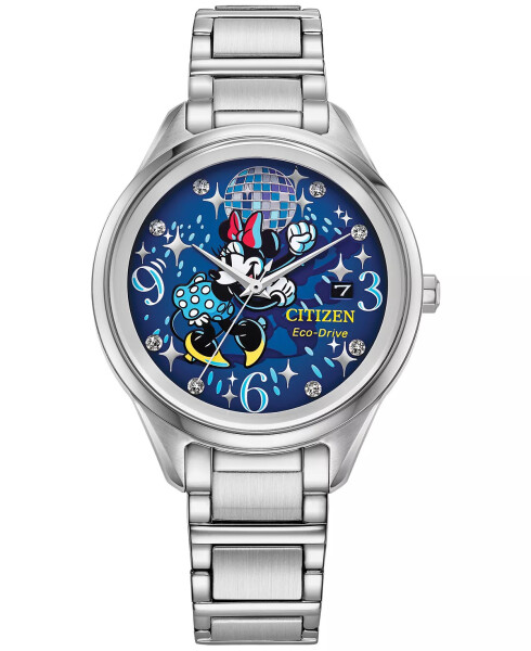 Eco-Drive Women's Disney Disco Minnie Mouse Stainless Steel Bracelet Watch 37mm Silver-tone - 1