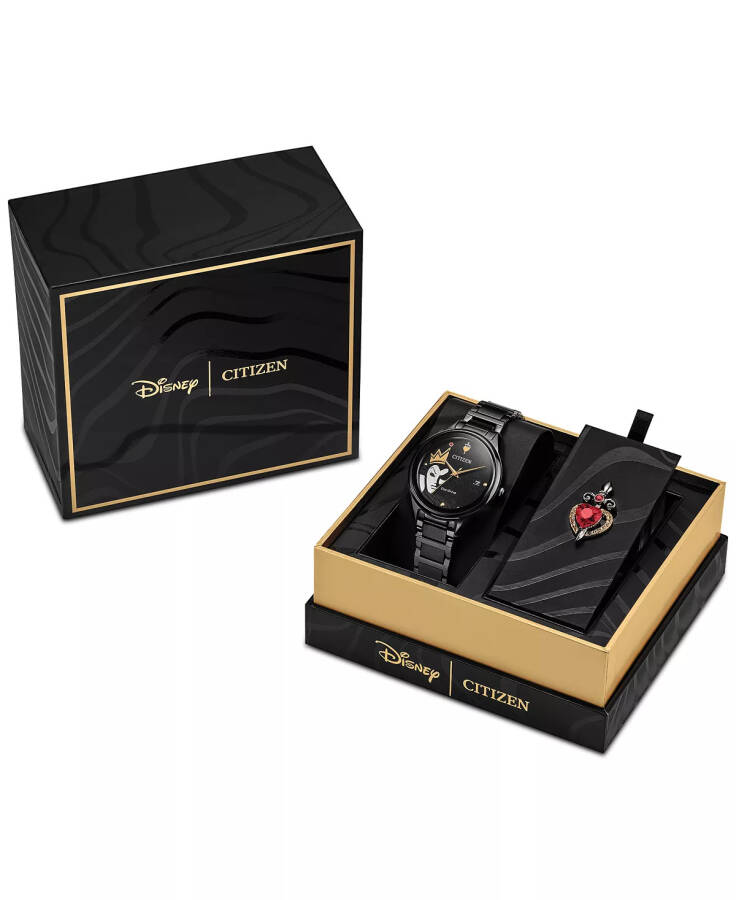 Eco-Drive Women's Disney Evil Queen Black-Tone Stainless Steel Bracelet Watch 37mm Gift Set Black - 4