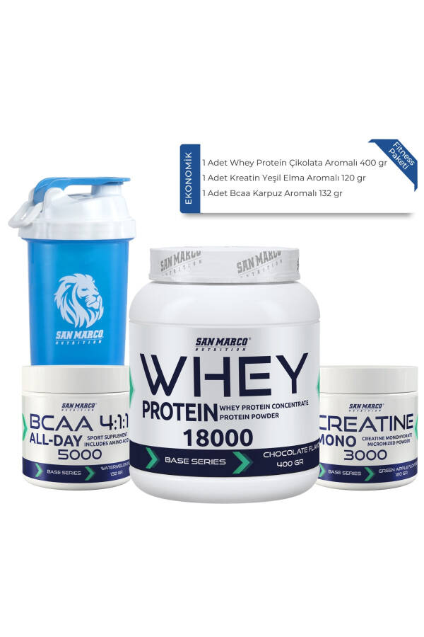 Economic Fitness Package - Whey Chocolate - BCAA Watermelon - Creatine Green Apple - Shaker - 1