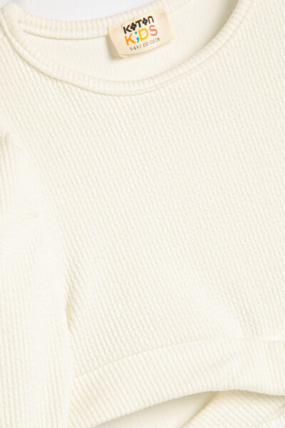 Ecru color, long-sleeved, crew neck crop top with window detail and ribbing. - 1