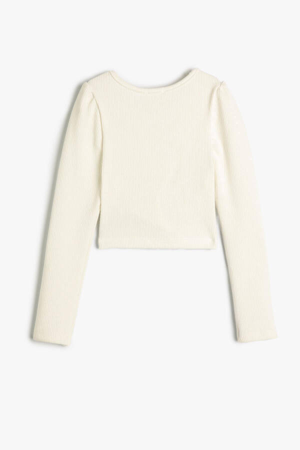 Ecru color, long-sleeved, crew neck crop top with window detail and ribbing. - 3