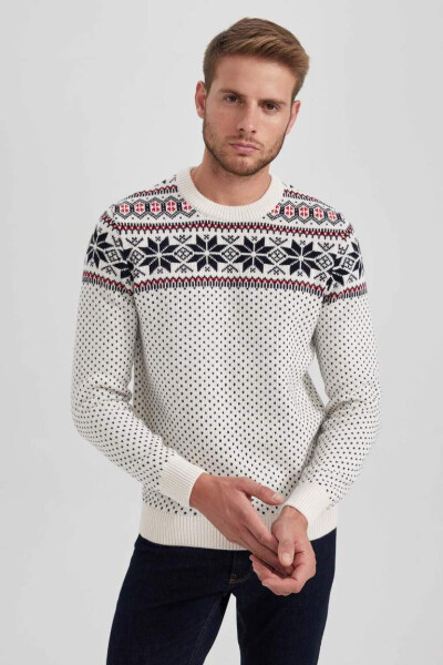 Ecru, crew neck, standard fit, Christmas themed knit sweater. - 3