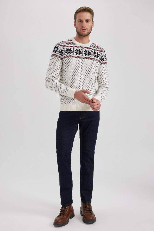 Ecru, crew neck, standard fit, Christmas themed knit sweater. - 4