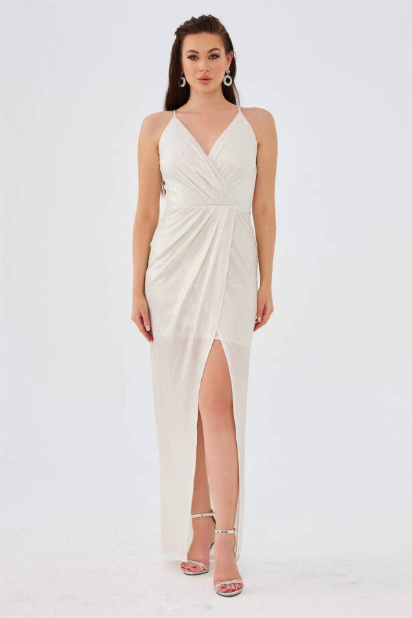 Ecru Laced Chiffon Wrap Dress with Slit - 1