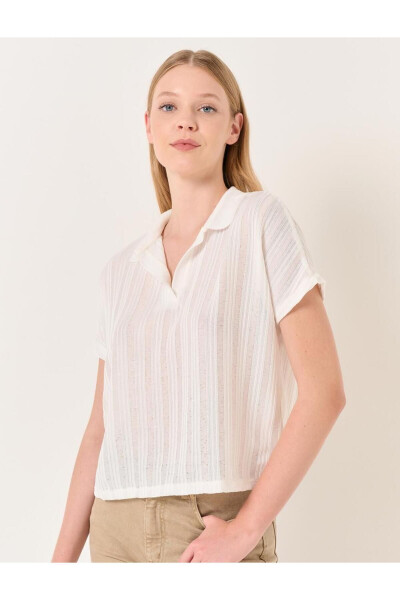 Ecru Open Neck Short Sleeve Knit T-Shirt - 22