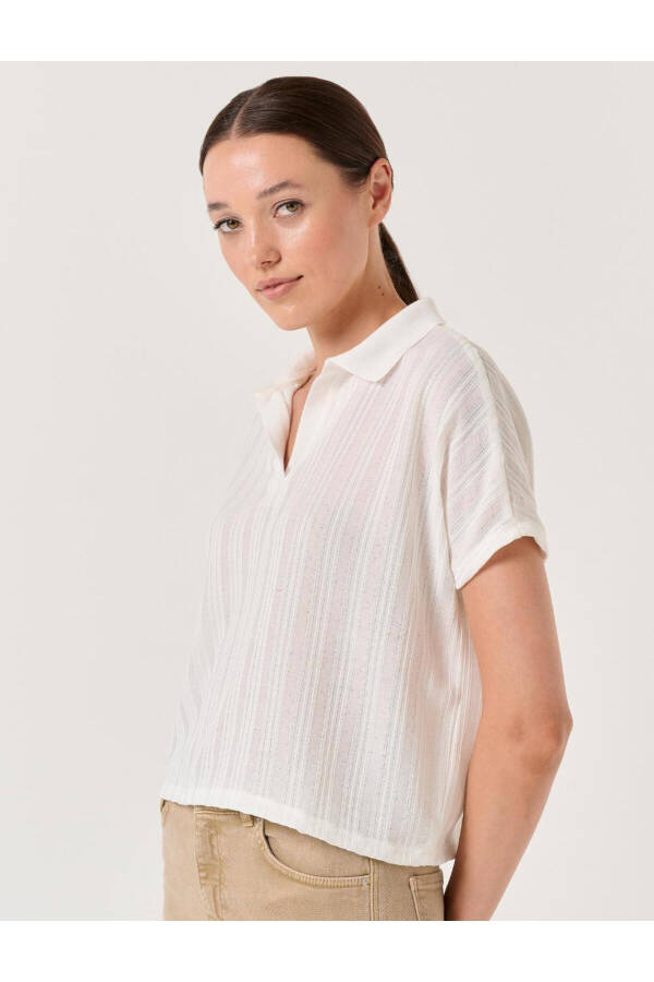 Ecru Open Neck Short Sleeve Knit T-Shirt - 28