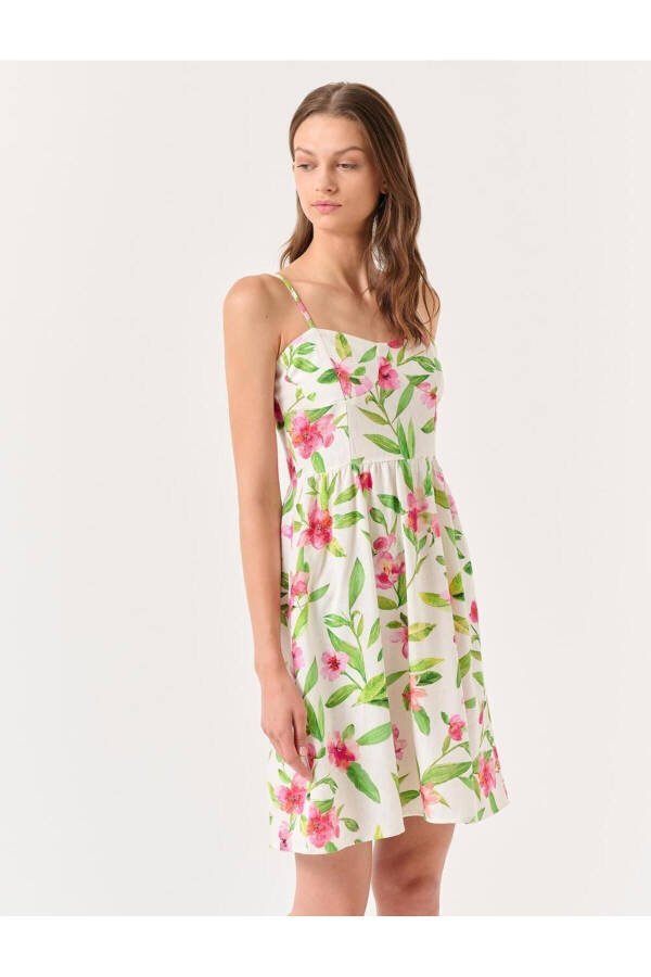 Ecru Strapless Heart Neck Floral Mini Linen Dress - 13