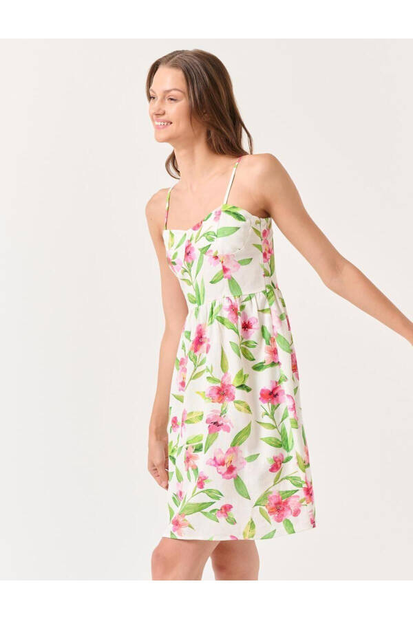 Ecru Strapless Heart Neck Floral Mini Linen Dress - 16