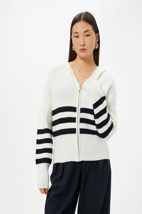 Ecru Striped Women's Cardigan 4WAK90151HT - 3