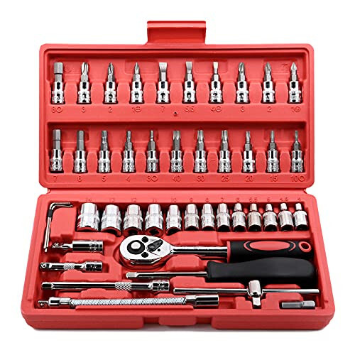 Egofine 46 Pieces 1/4 inch Drive Socket Ratchet Wrench Set, with Bit Socket Set Metric and Extension Bar for Auto Repairing and Household, with Storage Case - 1