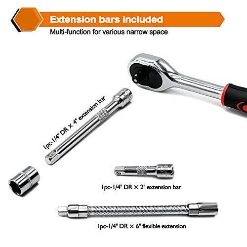 Egofine 46 Pieces 1/4 inch Drive Socket Ratchet Wrench Set, with Bit Socket Set Metric and Extension Bar for Auto Repairing and Household, with Storage Case - 4