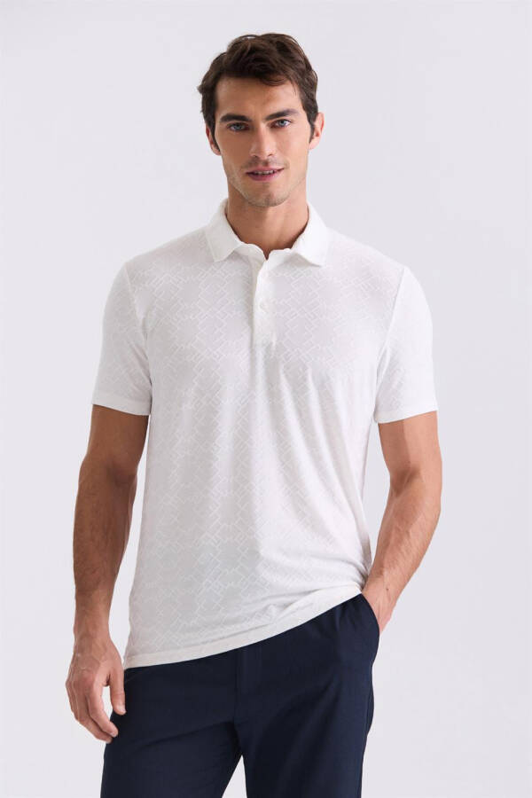 Ekru Slim Fit Desenli Polo Yaka T-shirt - 1