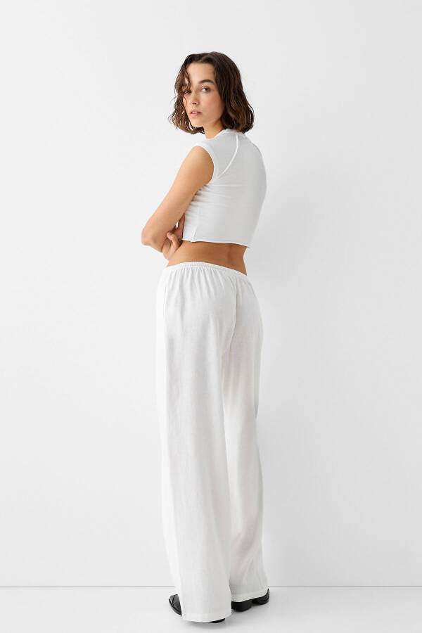 Elastic Waist Straight Fit Linen Blend Pants - 4