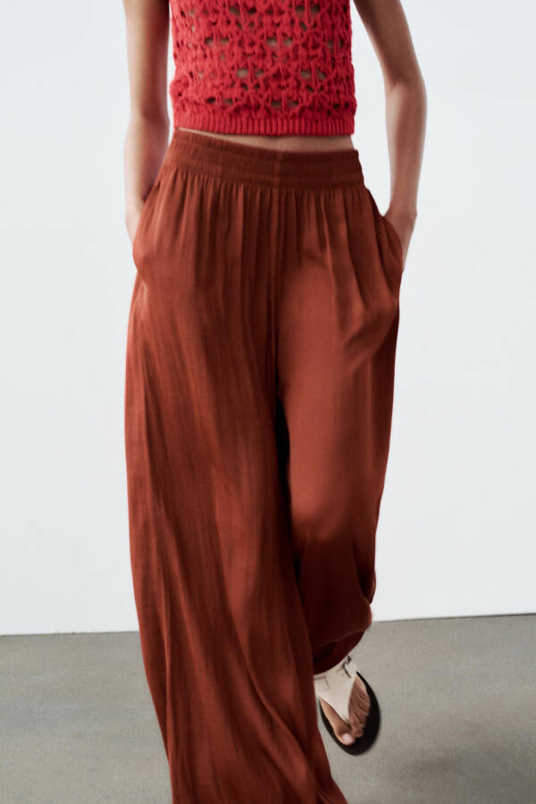 Elastic Waistband Satin Trousers - Red - 18