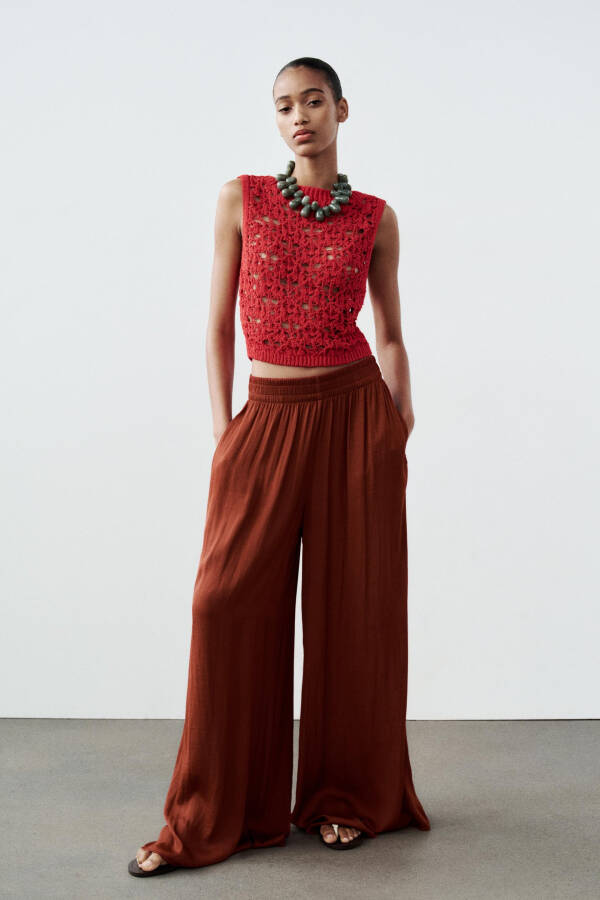 Elastic Waistband Satin Trousers - Red - 9