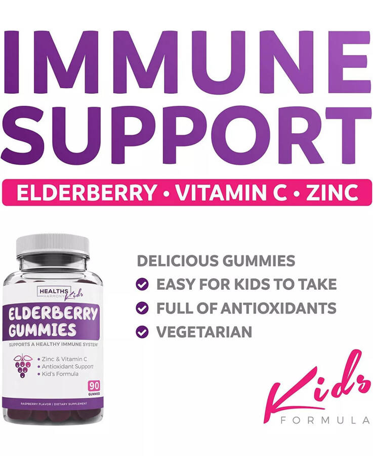 Elderberry Gummies for Kids with Vitamin C & Zinc (90 Delicious Raspberry Gummies) Immune Support Supplement for Children No Color - 2