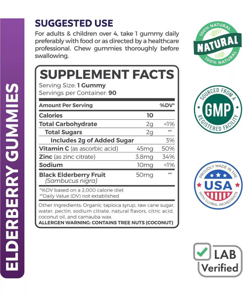 Elderberry Gummies for Kids with Vitamin C & Zinc (90 Delicious Raspberry Gummies) Immune Support Supplement for Children No Color - 3