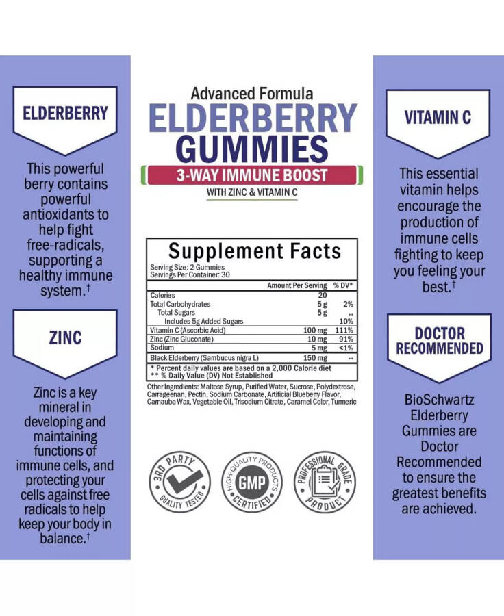 Elderberry Gummies with Zinc and Vitamin C for Adults & Kids | Natural Immune Support | Black Sambucus Elderberries, Powerful Multiminerals Supplement | Gluten-Free, Non-GMO | 60 Gummies Purple - 2