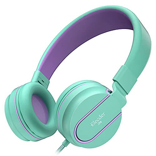 ELECDER i36 Kids Headphones Children Girls Boys Teens Foldable Adjustable On Ear Headphones 3.5mm Jack Compatible Cellphones Computer Kindle MP3/4 School Tablet Green/Purple - 1