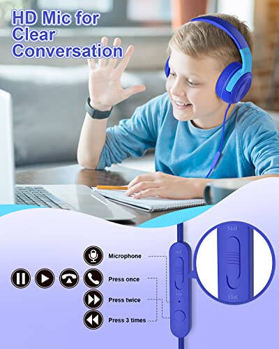 ELECDER Kids Headphones, S8 Wired Headphones for Kids with Microphone for Boys Girls, Adjustable 85dB/94dB Volume Limited (Navy/Blue) - 3