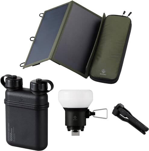 ELECOM NESTOUT 15000mAh Outdoor Power Bank + 2-Panel Solar Panel Charger + LAMP-1 LED 300 Lumen Soft Lantern - Black - 1