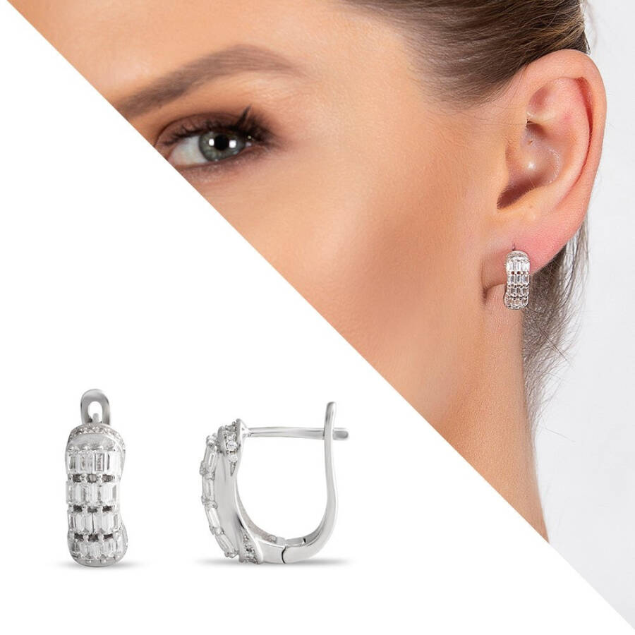 Elegant Design 925 Sterling Silver Women's Earrings with Baguette Stones - 10