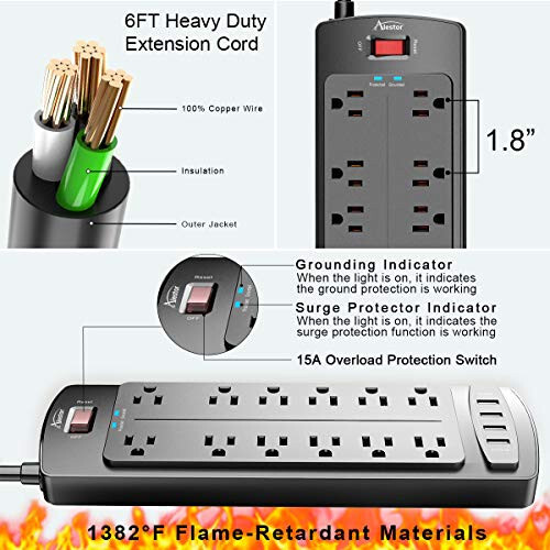 Elektr tarmog'i, ALESTOR 12 ta rozetka va 4 ta USB porti bilan ortiqcha kuchlanishdan himoya qiluvchi, 6 fut uzaytirish kabeli (1875W/15A), 2700 Joule, ETL ro'yxatga olingan, Qora - 5