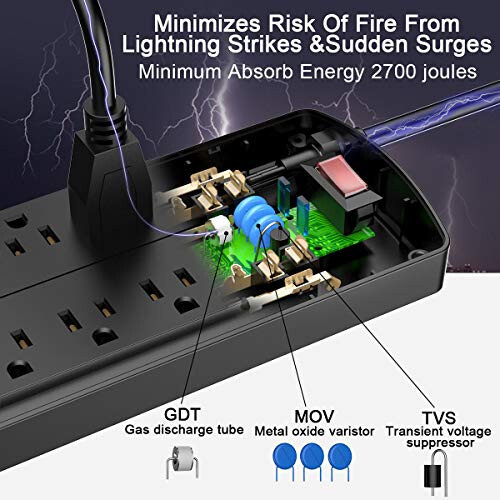 Elektr tarmog'i, ALESTOR 12 ta rozetka va 4 ta USB porti bilan ortiqcha kuchlanishdan himoya qiluvchi, 6 fut uzaytirish kabeli (1875W/15A), 2700 Joule, ETL ro'yxatga olingan, Qora - 6