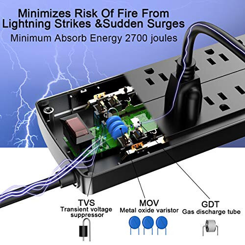 Elektr uzatma, Nuetsa Kuchlanish himoyachisi 12 ta rozetka va 4 ta USB portli, 6 fut tekis vilkali uzatma simi (1875W / 15A) uy, ofis, yotoqxona uchun zarur narsalar, 2700 Joule, ETL sertifikatlangan (qora) - 5