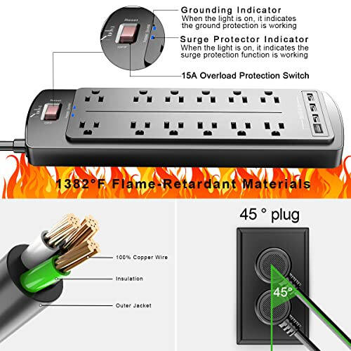 Elektr uzatma, Nuetsa Kuchlanish himoyachisi 12 ta rozetka va 4 ta USB portli, 6 fut tekis vilkali uzatma simi (1875W / 15A) uy, ofis, yotoqxona uchun zarur narsalar, 2700 Joule, ETL sertifikatlangan (qora) - 6